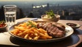 Grilled steak, fries, and salad on gourmet plate, outdoor barbecue generated by AI Royalty Free Stock Photo