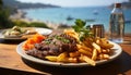 Grilled steak, fries, salad a gourmet summer meal generated by AI Royalty Free Stock Photo