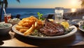 Grilled steak, fries, and salad on outdoor gourmet table generated by AI Royalty Free Stock Photo