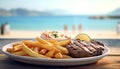 Grilled steak, fries, and salad on outdoor wooden table generated by AI Royalty Free Stock Photo