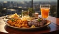 Grilled steak, fries, salad, and wine on outdoor table generated by AI Royalty Free Stock Photo