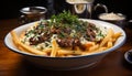 Grilled steak, fries, and salad on wooden plate generated by AI Royalty Free Stock Photo