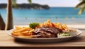 Grilled steak, fries, and salad on wooden table outdoors generated by AI Royalty Free Stock Photo