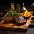 Grilled steak fries spices on wooden block table Royalty Free Stock Photo