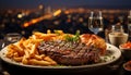 Grilled steak, fries, wine a perfect outdoor gourmet meal generated by AI Royalty Free Stock Photo