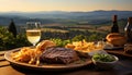 Grilled steak, fries, wine perfect picnic in nature generated by AI Royalty Free Stock Photo