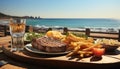 Grilled steak and fries on wooden table, enjoying outdoor picnic generated by AI Royalty Free Stock Photo