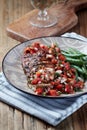 Grilled steak with Green Beans and Salsa. Royalty Free Stock Photo