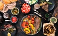 Grilled steak with grilled vegetables, beer and wine Royalty Free Stock Photo