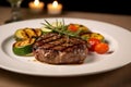 Grilled steak with grilled vegetables on a white plate, close-up with Generative AI. Royalty Free Stock Photo