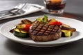 Grilled steak with grilled vegetables on a white plate, close-up with Generative AI. Royalty Free Stock Photo