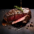 Grilled steak is the main course. It is a thick piece of beef grilled until desired doneness.