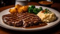 Grilled steak, mashed potatoes, and fresh vegetables on rustic plate generated by AI Royalty Free Stock Photo