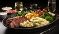 Grilled steak, mashed potatoes, and fresh vegetables on rustic plate generated by AI Royalty Free Stock Photo