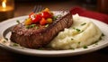 Grilled steak, mashed potatoes, salad a rustic, flavorful meal generated by AI Royalty Free Stock Photo