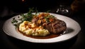 Grilled steak, mashed potatoes, and vegetable garnish on black background generated by AI Royalty Free Stock Photo