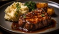 Grilled steak, mashed potatoes, and vegetable garnish on plate generated by AI Royalty Free Stock Photo