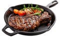 Grilled Steak: A mouthwatering juicy steak on a hot iron skillet, with char marks and sizzling sauce.