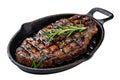 Grilled Steak: A mouthwatering juicy steak on a hot iron skillet, with char marks and sizzling sauce.