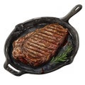 Grilled Steak: A mouthwatering juicy steak on a hot iron skillet, with char marks and sizzling sauce.