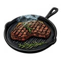 Grilled Steak: A mouthwatering juicy steak on a hot iron skillet, with char marks and sizzling sauce.