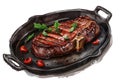 Grilled Steak: A mouthwatering juicy steak on a hot iron skillet, with char marks and sizzling sauce.