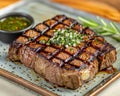 Grilled Steak on Plate with Herbs and Chimichurri Sauce on a Wooden Table, Perfect for Restaurant Menus and Food Blogs