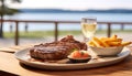 Grilled steak on plate, outdoor gourmet meal with wine generative AI Royalty Free Stock Photo