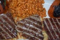 Close up of Grilled steak plate with roasted peppers, bulgur pilaf with tomatoes, roasted tomatoes