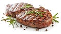 Grilled steak seasoned with spices and fresh rosemary. Delicious barbecue meal for food advertising or recipe blog. High