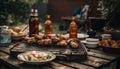 Grilled steak and skewered chicken, barbecue feast on rustic table generated by AI