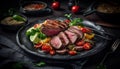 Grilled steak, tomato, beef fillet, gourmet barbecue, fresh cooked lunch generated by AI