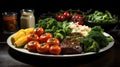 Grilled steak with vegetables on a plate. Studio food photography with dark background