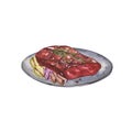 Grilled steak and vegetables. Watercolor isolated illustration of food on a white background for restaurants, cafes