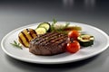 Grilled steak with grilled vegetables on a white plate, close-up with Generative AI. Royalty Free Stock Photo