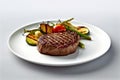 Grilled steak with grilled vegetables on a white plate, close-up with Generative AI. Royalty Free Stock Photo