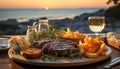 Grilled steak, wine, and French fries on outdoor picnic table generated by AI Royalty Free Stock Photo