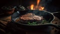 Grilled steak on wood plate, rustic gourmet meal generated by AI