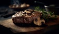 Grilled steak on wood, ready to eat, healthy, organic, and delicious generated by AI Royalty Free Stock Photo