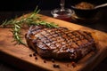 Grilled Steak on Wooden Cutting Board With Fresh Rosemary Sprig, Grilled meat barbecue steak on wooden cutting board with rosemary Royalty Free Stock Photo