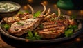 Grilled steak on a wooden plate, cooked to perfection generated by AI