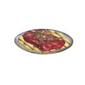 Grilled steak and zucchini. Watercolor isolated illustration of food on a white background for restaurants, cafes, menus