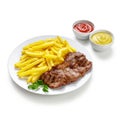 Grilled steaks and french fries on plate Royalty Free Stock Photo