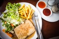 Grilled steaks, French fries with vegetables and seasoning Royalty Free Stock Photo