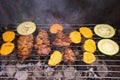 Grilled steaks and vegetables like sweet potatoes and zucchini cooked on the garden grill. Royalty Free Stock Photo
