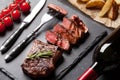 Grilled striploin steak and red wine