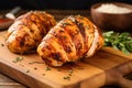 grilled stuffed chicken with grill marks on a wooden board