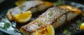 Grilled Sturgeon Fillets with Lemon on Pan. Concept Grilled Seafood, Sturgeon Recipe, Lemon