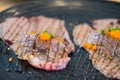 Grilled sushi wagyu beef with sweet shoyu sauce on top with ebiko shrimp eggs Royalty Free Stock Photo