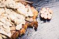 Grilled T-bone steak on the frying pan mushrooms and cream sauce Royalty Free Stock Photo